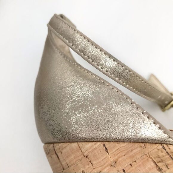 Steve Madden Metallic Gold Tone Cork Wedge Open Toe Sandals - Picture 12 of 15